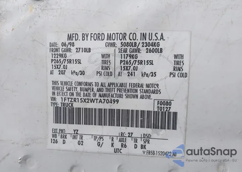 1998 Ford Ranger Splash/Xl/Xlt from USA, damaged, VIN 1FTZR15X2WTA70499